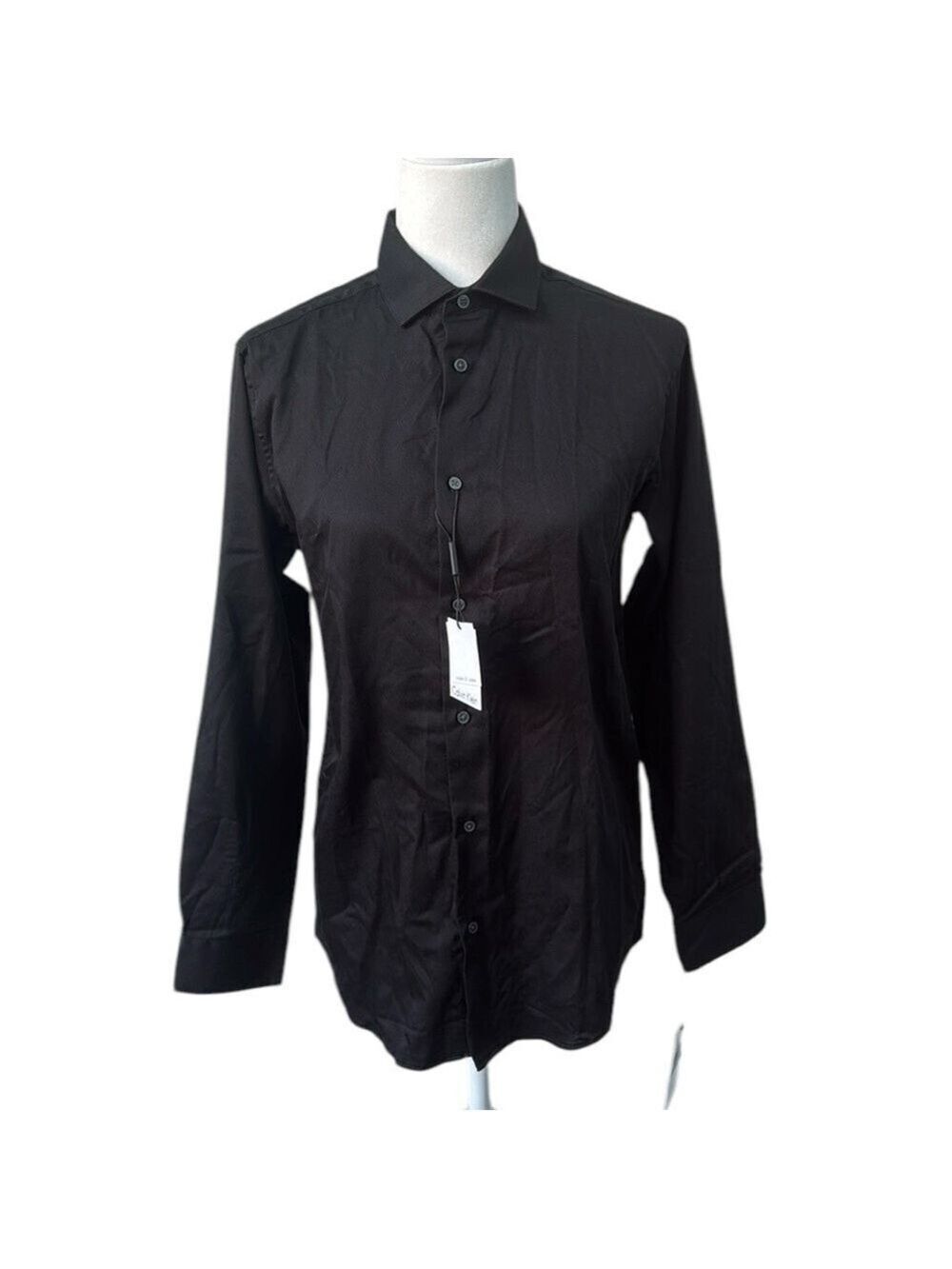 Calvin Klein Boys Black Modern Fit Sateen Button Front Dress Shirt Sz 18 NWT